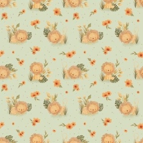 small - Cute lions with orange jungle flowers on light green