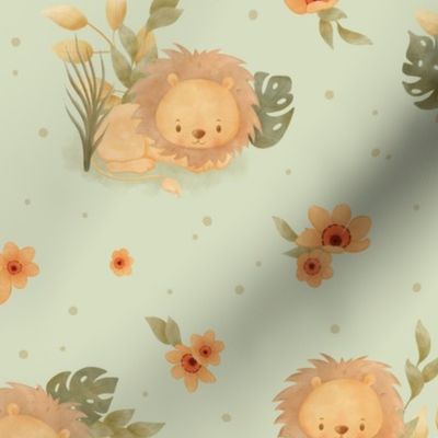 Large - Cute lions with orange jungle flowers on light green