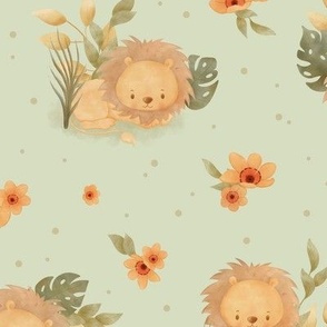 Large - Cute lions with orange jungle flowers on light green