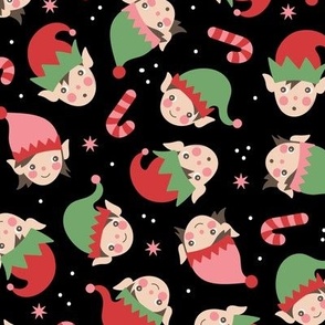 Cute Kawaii Christmas elves - Elf girls and boys with snowflakes and candy canes red green on black