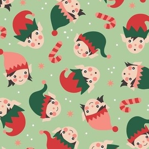Cute Kawaii Christmas elves - Elf girls and boys with snowflakes and candy canes red green on matcha