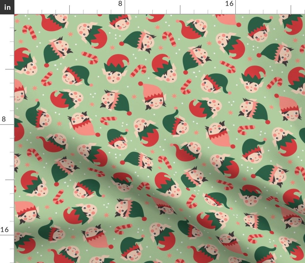 Cute Kawaii Christmas elves - Elf girls and boys with snowflakes and candy canes red green on matcha