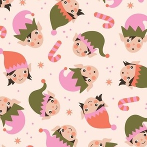 Cute Kawaii Christmas elves - Elf girls and boys with snowflakes and candy canes  vintage olive green pink orange on blush