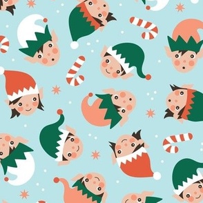 Cute Kawaii Christmas elves - Elf girls and boys with snowflakes and candy canes vintage red green on blue