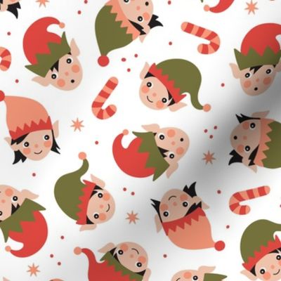 Cute Kawaii Christmas elves - Elf girls and boys with snowflakes and candy canes red olive green on white vintage palette