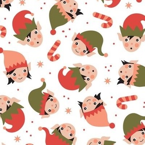 Cute Kawaii Christmas elves - Elf girls and boys with snowflakes and candy canes red olive green on white vintage palette