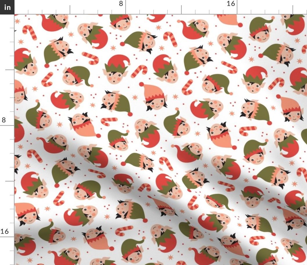 Cute Kawaii Christmas elves - Elf girls and boys with snowflakes and candy canes red olive green on white vintage palette