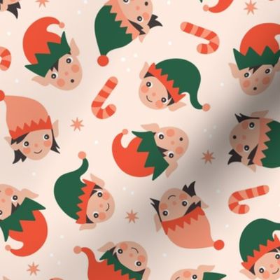 Cute Kawaii Christmas elves - Elf girls and boys with snowflakes and candy canes on vintage red green on blush