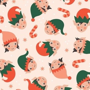 Cute Kawaii Christmas elves - Elf girls and boys with snowflakes and candy canes on vintage red green on blush