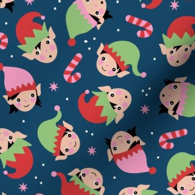 Cute Kawaii Christmas elves - Elf girls and boys with snowflakes and candy canes on marine blue