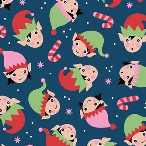 Cute Kawaii Christmas elves - Elf girls and boys with snowflakes and candy canes on marine blue