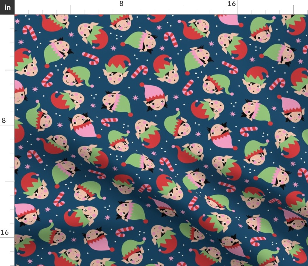 Cute Kawaii Christmas elves - Elf girls and boys with snowflakes and candy canes on marine blue