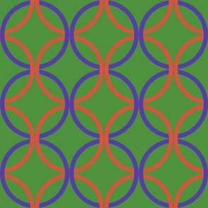 Geometric orange and purple circles on green