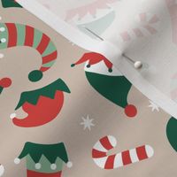 Christmas elves hats and candy cane with snowflakes - Happy Holidays retro magical kids design pink pine green red on beige neutral palette