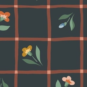 Delicate Country Garden Flowers and Hand-Drawn Plaid | Cottagecore Floral Checker | Large Scale in Muted Colors on Dark Background