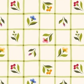 Delicate Country Garden Flowers and Hand-Drawn Plaid | Cottagecore Floral Checker | Medium Scale in Bright Colors on Light Background