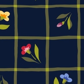 Delicate Country Garden Flowers and Hand-Drawn Plaid | Cottagecore Floral Checker | Large Scale in Bright Colors on Dark Background