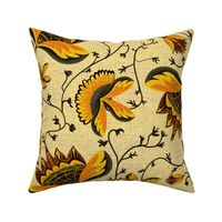 24” repeat Art deco floral whimsy,  handdrawn boho botanicals with faux woven burlap texture in orange, yellow, dark green and gold effect on very pale yellow