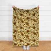 24” repeat Art deco floral whimsy,  handdrawn boho botanicals with faux woven burlap texture in orange, yellow, dark green and gold effect on very pale yellow