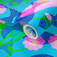 Swimming Fish And Flowers Retro Modern Dreamy Ocean Life Azure Blue, Bubblegum Pink, Yellow And Turquoise Underwater World Retro Modern Repeat Pattern