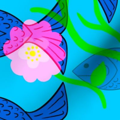 Swimming Fish And Flowers Retro Modern Dreamy Ocean Life Azure Blue, Bubblegum Pink, Yellow And Turquoise Underwater World Retro Modern Repeat Pattern