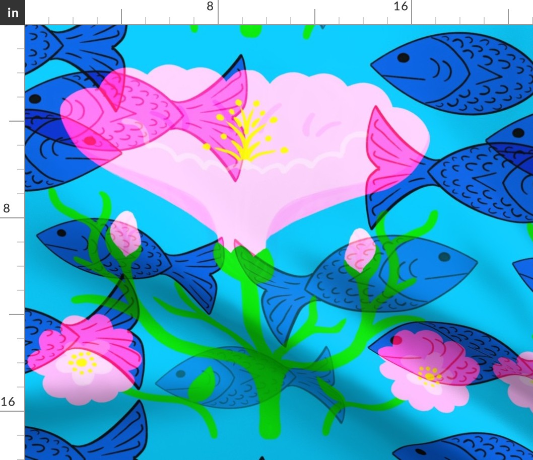 Swimming Fish And Flowers Retro Modern Dreamy Ocean Life Azure Blue, Bubblegum Pink, Yellow And Turquoise Underwater World Retro Modern Repeat Pattern