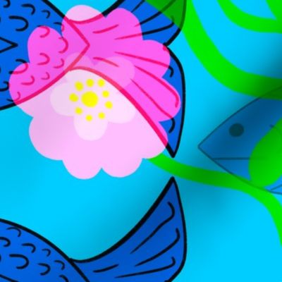 Swimming Big Fish And Flowers Retro Modern Dreamy Ocean Life Azure Blue, Bubblegum Pink, Yellow And Turquoise Underwater World Retro Modern Repeat Pattern