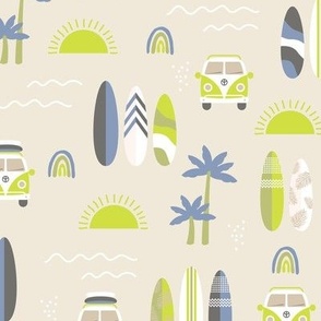 Little campervan and surf boards summer surf trip boho vacation palm trees sunshine and waves lime blue sand