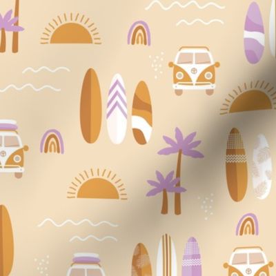 Little campervan and surf boards summer surf trip boho vacation palm trees sunshine and waves pink lavender orange yellow