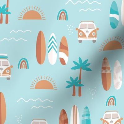 Little campervan and surf boards summer surf trip boho vacation palm trees sunshine and waves sea foam blue caramel