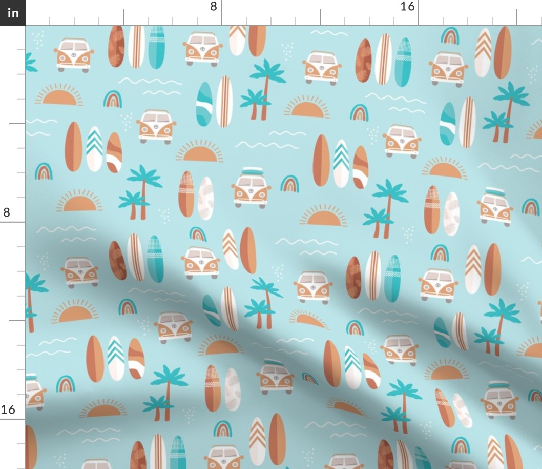 Little campervan and surf boards summer surf trip boho vacation palm trees sunshine and waves sea foam blue caramel