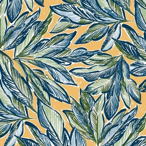 Large//Hand drawn tropical leaves in blue, light blue, aqua green and green in mustard marigold yellow