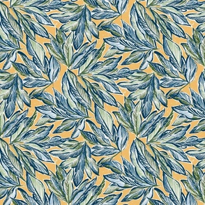 Medium//Hand drawn tropical leaves in blue, light blue, aqua green and green in mustard marigold yellow