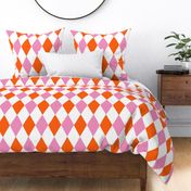 Large - harlequin diamond - Tomato orange red, hot pink and white - hand drawn brush stroke - Rhombus Lozenge pattern Checkered Geometric - fun happy wallpaper - kitchy kitchen