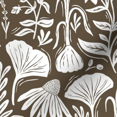 Medicinal Botanical Plants and Herbs - linocut block print - brown and white - medium