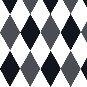 Large - harlequin diamond - Graphite (almost black), gray grey and white - hand drawn brush stroke - Rhombus Lozenge pattern Checkered Geometric - fun happy wallpaper