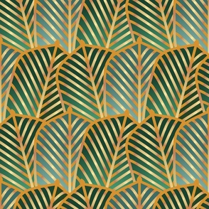 Waving art deco palms gold,  moss green and aquamarine blue - Medium scale