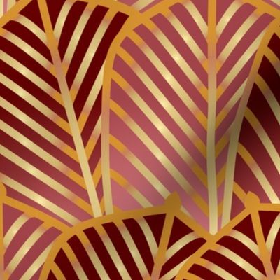Waving Art deco palms gold, red and pink - Medium scale