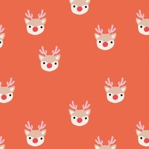 Little kawaii Christmas Rudolph reindeer with antlers and red nose on ruby orange spaced 
