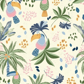 large// tropical palm trees and toucans in green, pink, blue  and   mustard yellow in cream