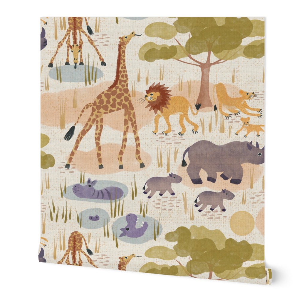 Safari (large half drop) Lots of wild animals in this sweet watercolor style design, hippo, baby rhino, giraffe and lions