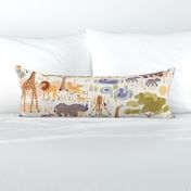 Safari (large half drop) Lots of wild animals in this sweet watercolor style design, hippo, baby rhino, giraffe and lions