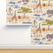 Safari (large half drop) Lots of wild animals in this sweet watercolor style design, hippo, baby rhino, giraffe and lions