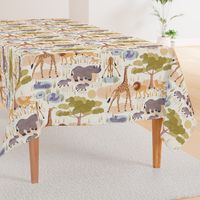 Safari (large half drop) Lots of wild animals in this sweet watercolor style design, hippo, baby rhino, giraffe and lions