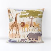 Safari (large half drop) Lots of wild animals in this sweet watercolor style design, hippo, baby rhino, giraffe and lions