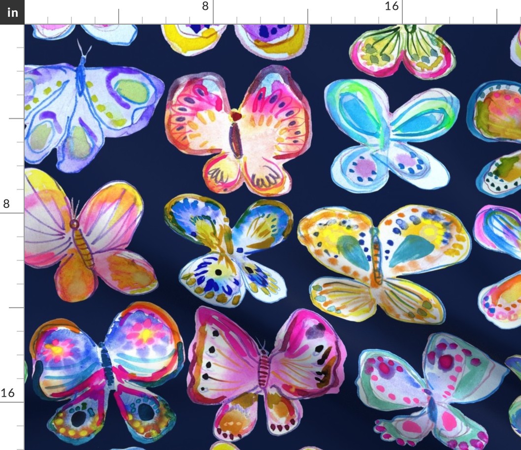 Rainbow Watercolor Butterflies // Navy (Large Scale)