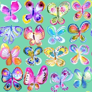 Rainbow Watercolor Butterflies // Aqua (Large Scale)