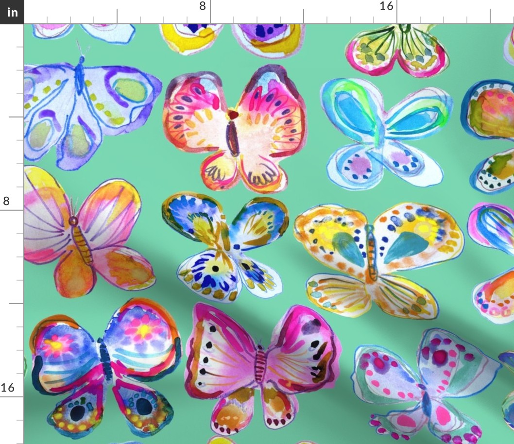 Rainbow Watercolor Butterflies // Aqua (Large Scale)
