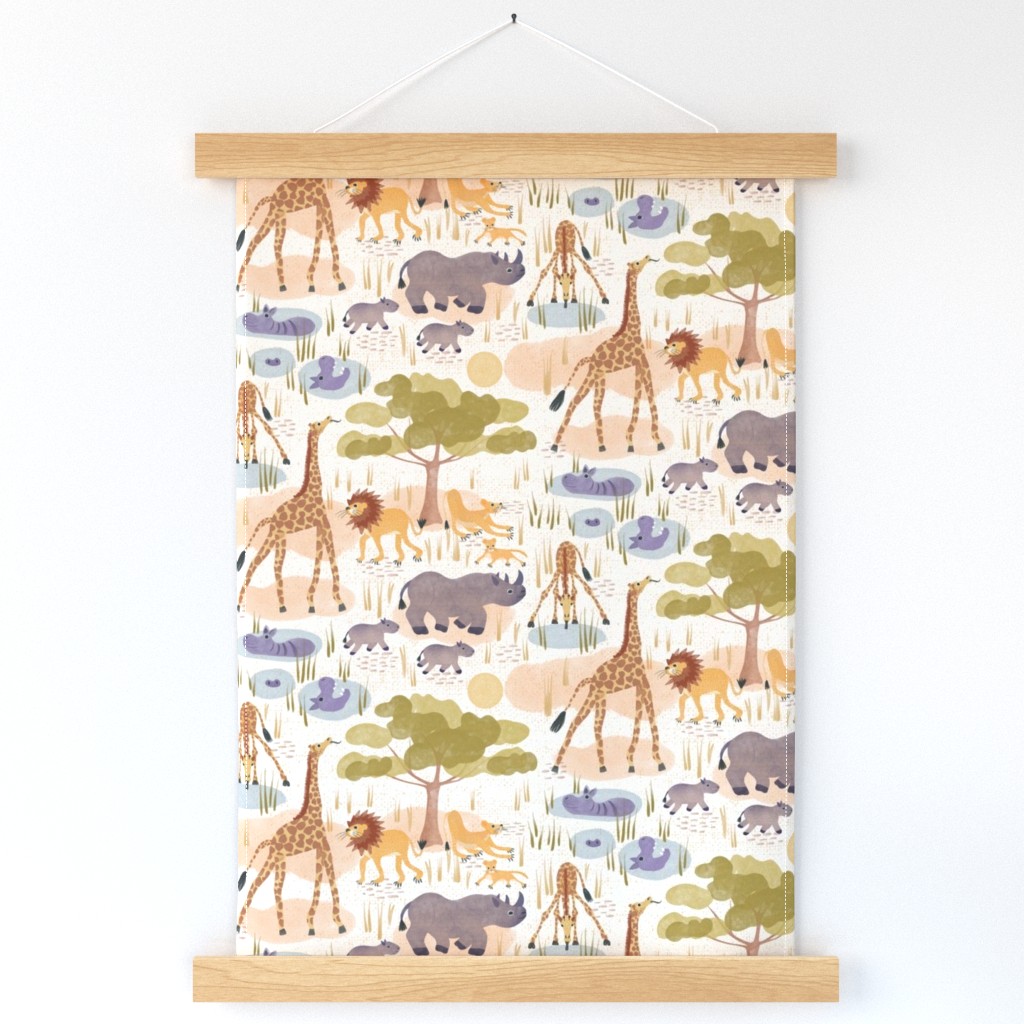 Safari (smaller half drop) Lot's of wild animals in this sweet watercolor style design, hippo, baby rhino, giraffe and lions