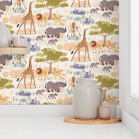 Safari (smaller half drop) Lot's of wild animals in this sweet watercolor style design, hippo, baby rhino, giraffe and lions